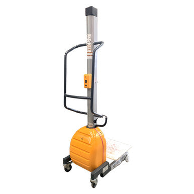 A 150KG powered lifter stacker transporter (model MES150) with a sturdy steel frame, electric lift system, ergonomic handle, and a max lift height of 1550mm, designed for efficient material handling in warehouses, retail stores, and workshops.