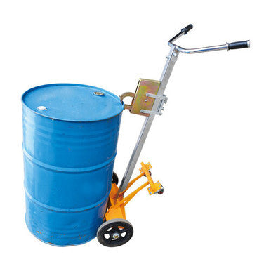 A 450kg drum truck trolley with a steel frame, ergonomic handle, curved cradle, and heavy-duty wheels, designed to move full 205L drums in warehouses, workshops, and industrial facilities.