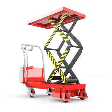A 350kg electric double scissor lift table with a reinforced steel platform, extended lifting height, and swivel castors, designed for smooth and safe handling of heavy loads in industrial and warehouse settings.