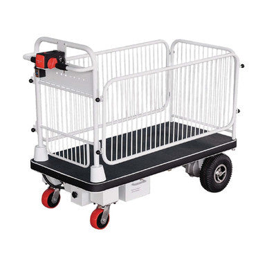A 500KG rated electric-powered trolley cart with cage (model HG105) featuring a reinforced steel frame, enclosed cage, battery-powered motor, ergonomic control handle, and heavy-duty castor wheels, designed for secure and effortless transport of bulk materials in warehouses, factories, and industrial environments.