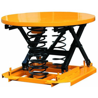 A 2000kg spring-actuated pallet leveller with a rotating steel turntable and adjustable spring mechanism, designed to keep pallets at optimal working height during loading and unloading in warehouse and packing environments.
