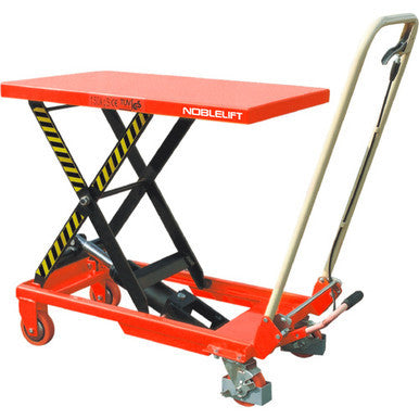 A 150kg manual scissor lift table featuring a sturdy steel frame, hydraulic foot pump, and swivel castors, designed to lift and transport light to medium loads with ease and control.