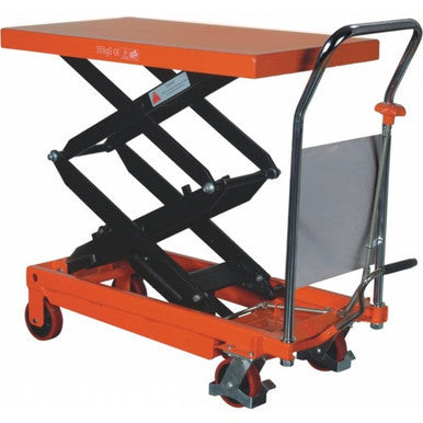 A manual scissor lift table with a 350kg capacity, featuring a hydraulic foot pump, heavy-duty steel frame, and locking swivel castors, designed for lifting and transporting goods in industrial and commercial settings.