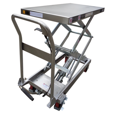A manual scissor lift table with a 350kg capacity and stainless steel top, featuring a hydraulic foot pump and swivel castors, ideal for hygienic environments such as food processing, labs, and medical facilities.